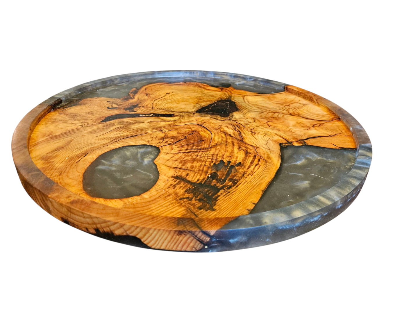 Olive Wood & Silver Epoxy Lazy Susan – 18" #584