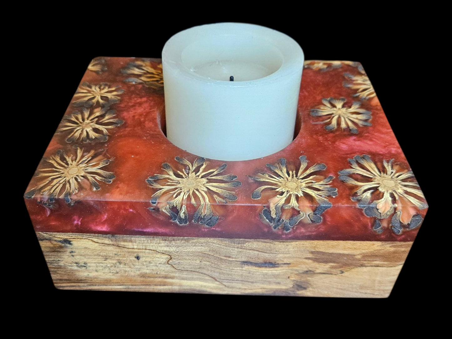 Pecan Wood & Epoxy Candle Holder with Pinecones – 7.5" x 5.5" #603