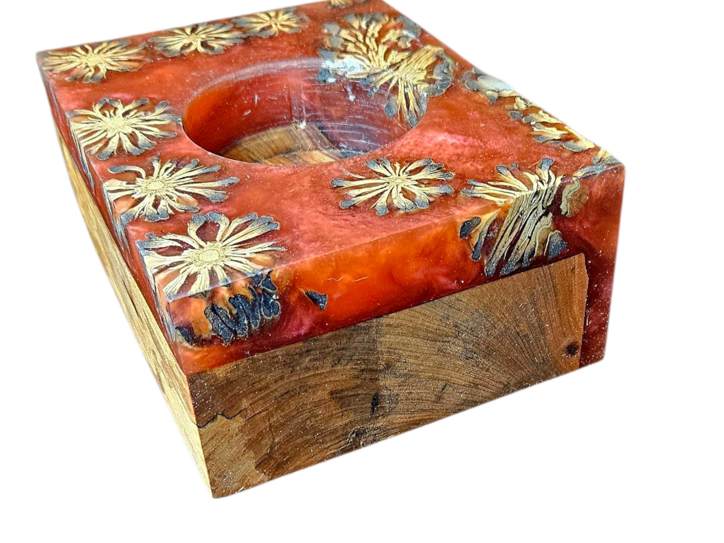 Pecan Wood & Epoxy Candle Holder with Pinecones – 7.5" x 5.5" #603