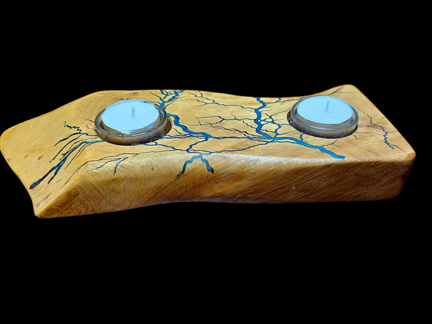 Wood Candle Holder with Etched Lightning Bolts 12" x 4"#604