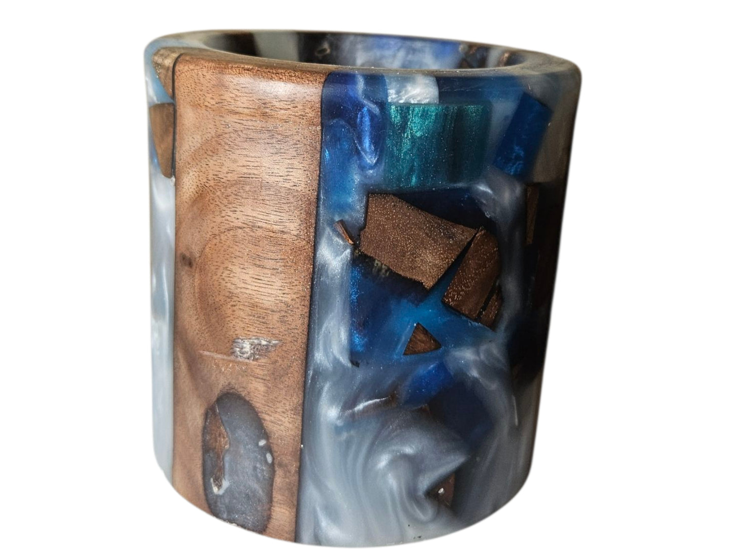Blue and Silver with Walnut Candle Holder 5" x 5" #610