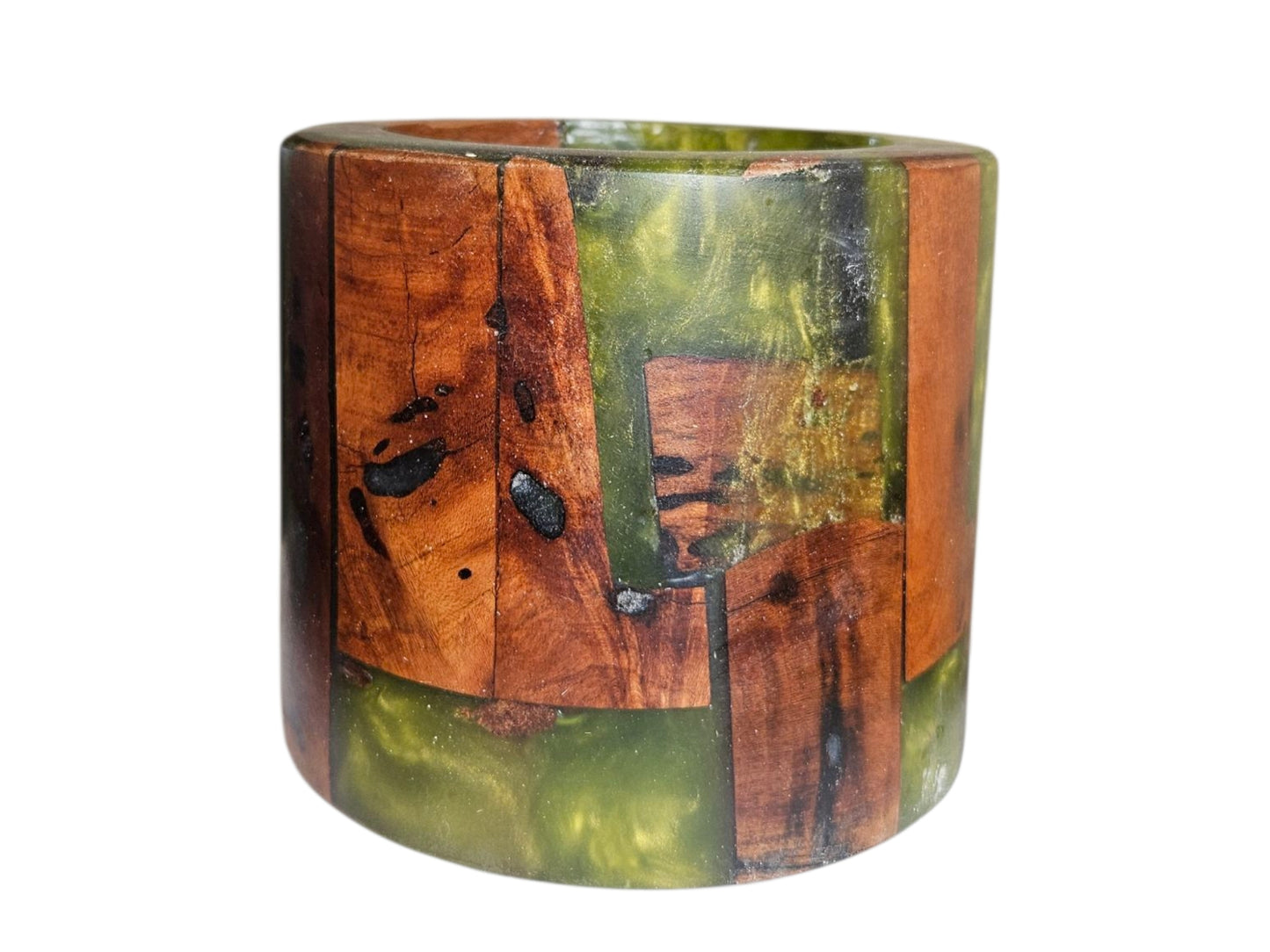 Green and Cherry Wood Bowl 6" x 5" #620