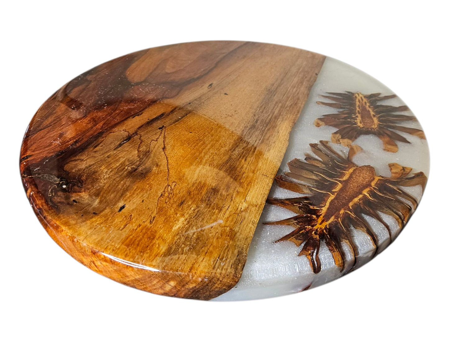 Pecan Lazy Susan w/Oversized Pinecones in White Epoxy 13" #655