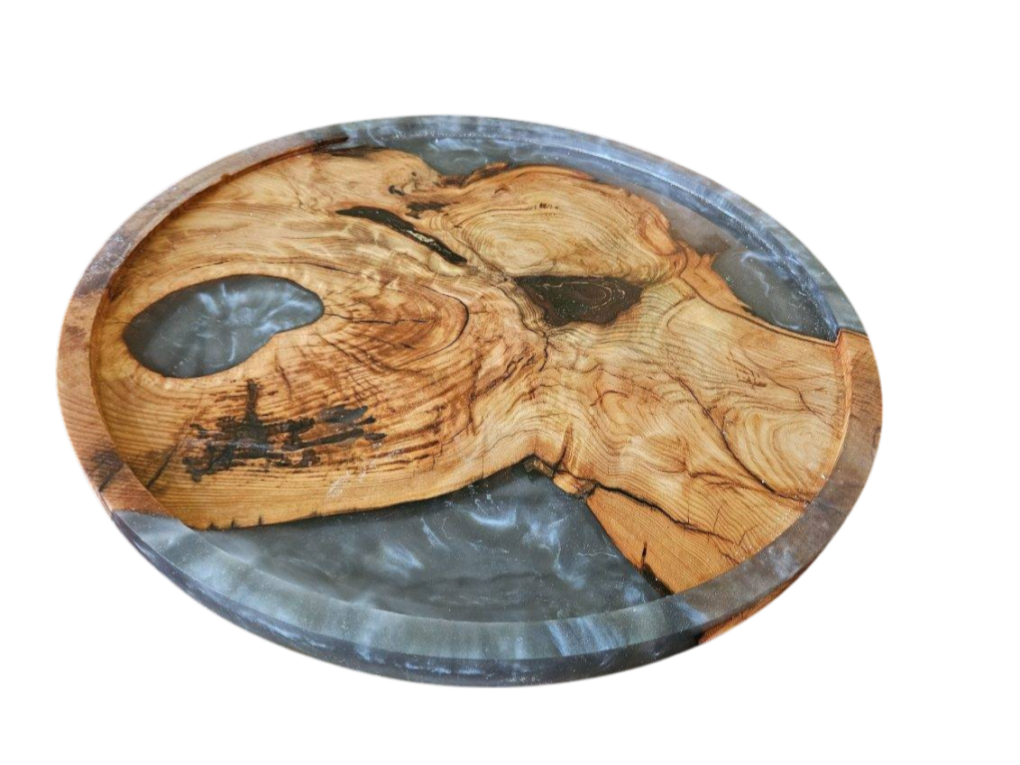 Olive Wood & Silver Epoxy Lazy Susan – 18" #584