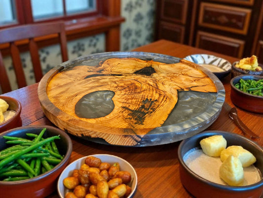 Olive Wood & Silver Epoxy Lazy Susan – 18" #584