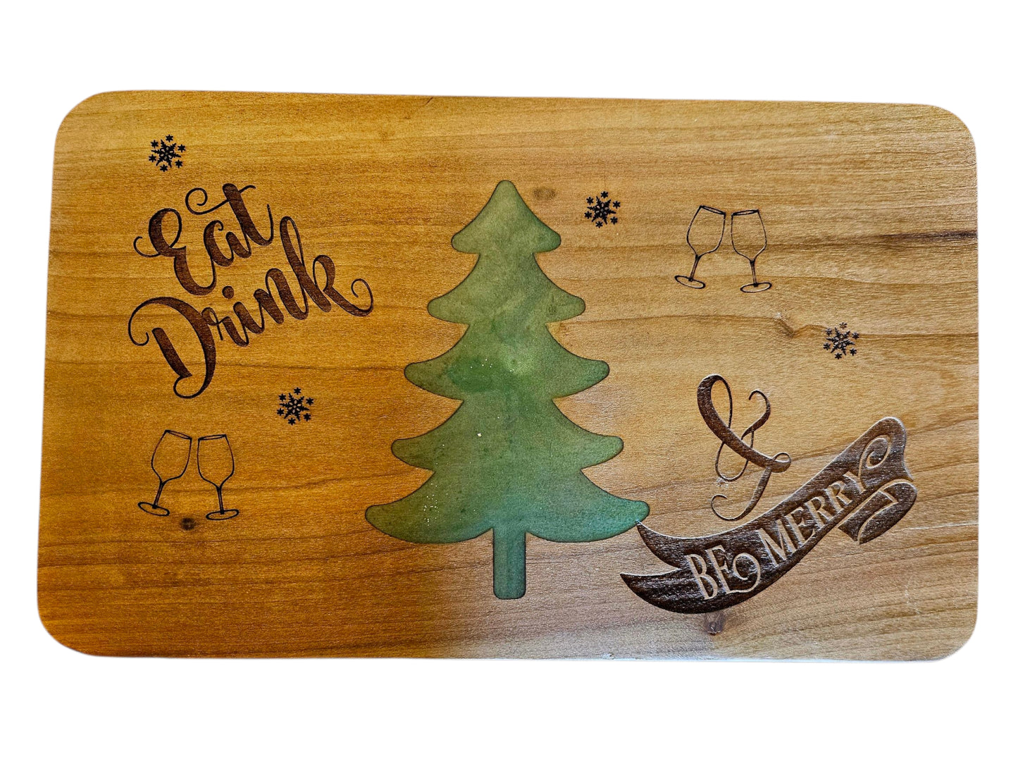 Poplar Wood Holiday Serving Board with Green Epoxy Tree 12" x 8" # 595
