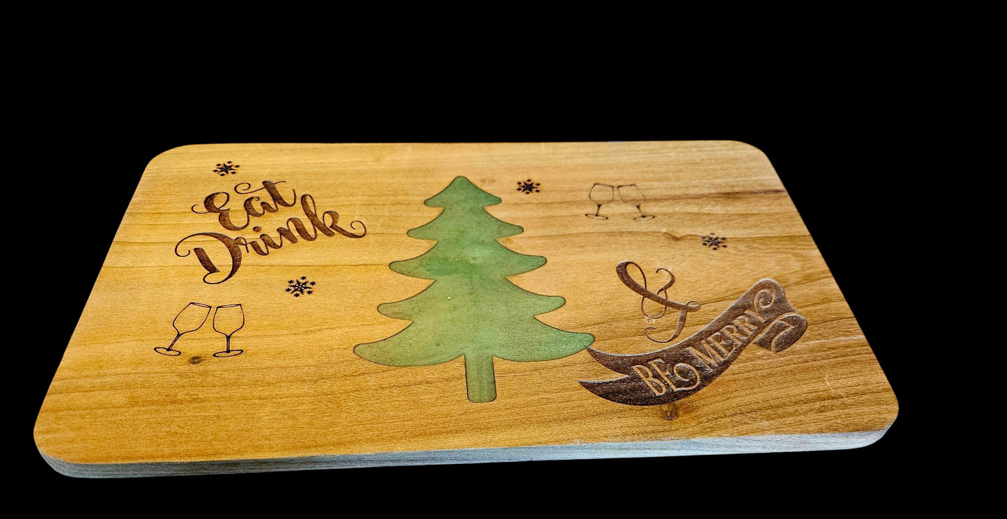 Poplar Wood Holiday Serving Board with Green Epoxy Tree 12" x 8" # 595