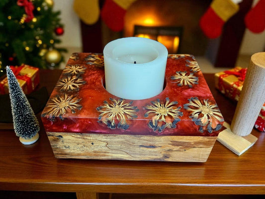 Pecan Wood & Epoxy Candle Holder with Pinecones – 7.5" x 5.5" #603