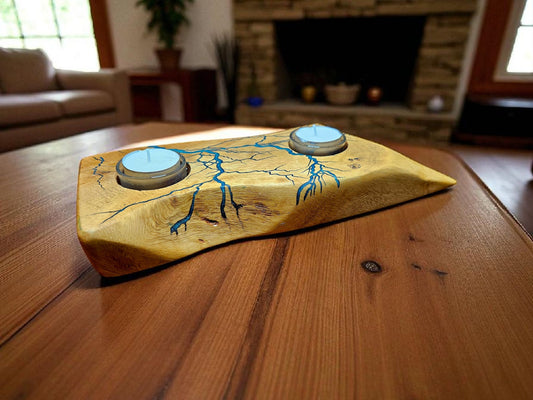 Wood Candle Holder with Etched Lightning Bolts 12" x 4"#604