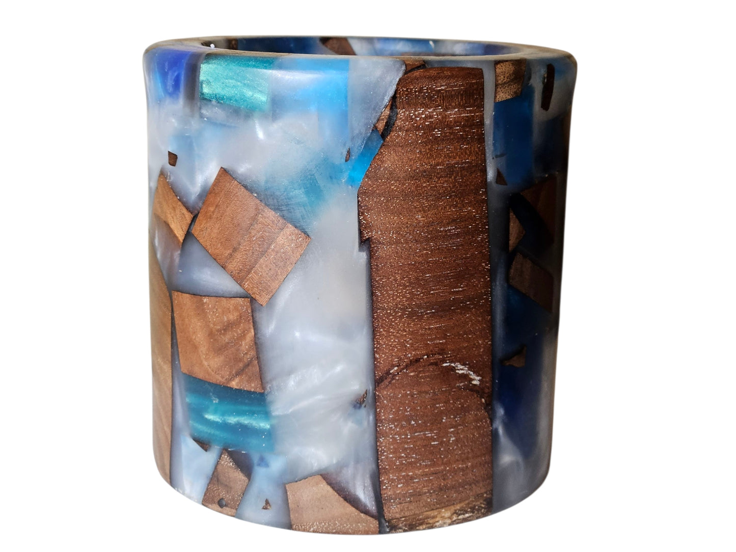 Blue and Silver with Walnut Candle Holder 5" x 5" #610