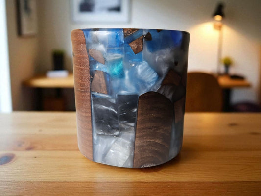 Blue and Silver with Walnut Candle Holder 5" x 5" #610