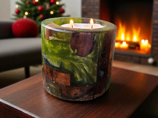 Green and Cherry Wood Bowl 6" x 5" #620