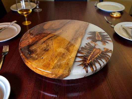 Pecan Lazy Susan w/Oversized Pinecones in White Epoxy 13" #655